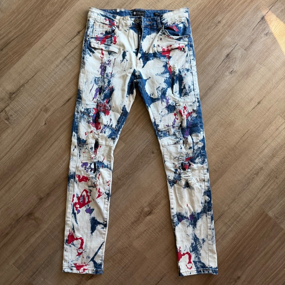 Waimea Mens Skinny Fit Distressed Bleached Paint Splatter Moto Jeans 32x32